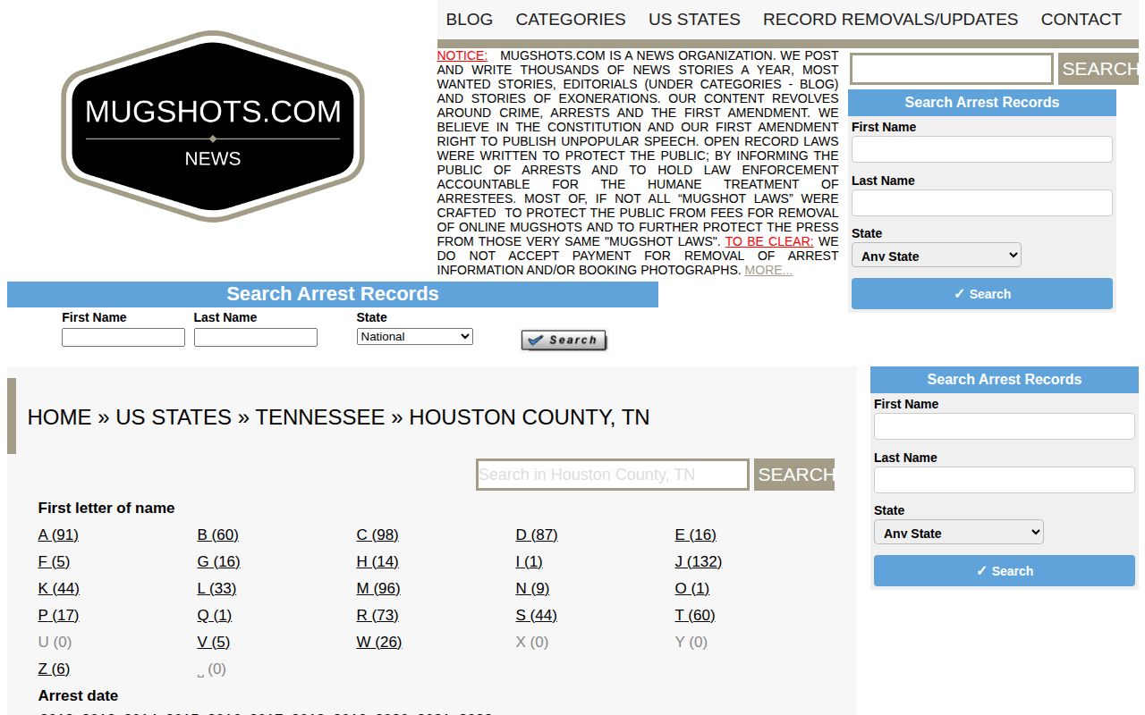 Houston County booking record secondary source page captured for news-source verification